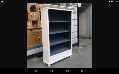 Painted Shelving Unit, Dresser To Bookcase, Painted Bookcases Ideas, Two Toned Bookcase, Book Shelf Refurbished, Bookcase Backing Ideas, Painted Bookshelves Ideas, Painted Shelves Ideas Bookshelves, Bookcase Refurbish