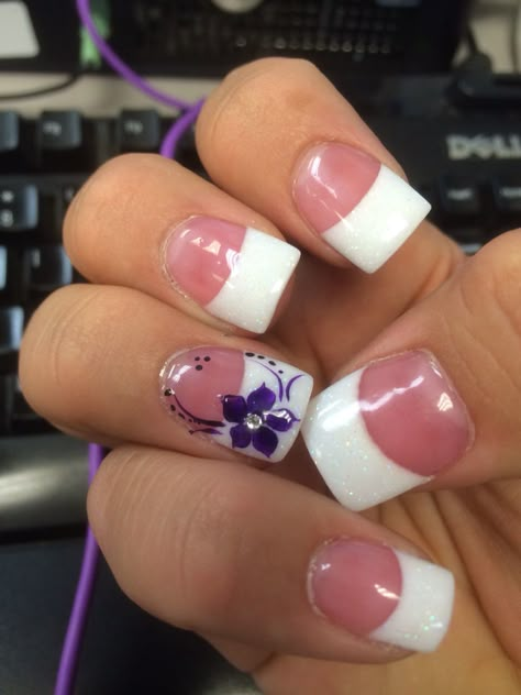 French Tip With Designs Acrylic, Spring French Manicure Designs, Purple Nail Art Designs French Tips, French Tip Acrylic Nails Purple, Purple And White French Tips, Purple French Tip Birthday Nails, French Tip With Purple, Short Square Acrylic Nails Purple, Purple Flower Nail Designs