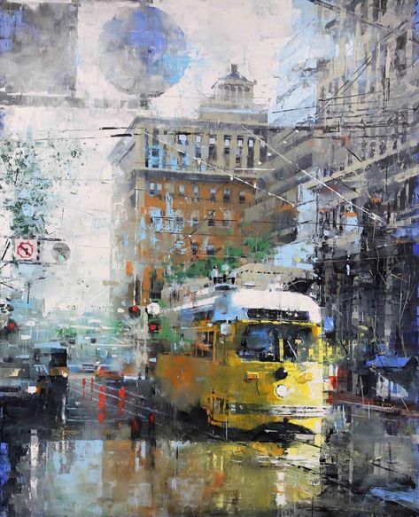 Mark Lague, City Scape Painting, Canadian Painters, Canvas Art Projects, Painting Competition, After Rain, City Painting, Cityscape Art, Hanging Paintings