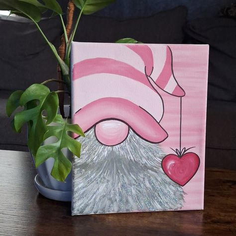 Hand Painted By Myself This Gnome Painting Has Glitter In His Beard(May Still Flake Off). Super Cute For Gnome Lovers! Easy Canvas Art Valentines, Christmas Art Gnome, Valentine Gnome Painting Canvas, Valentine Diy Painting Canvases, Valentines Canvas Painting Ideas Easy, Valentine's Canvas Painting, Easy Valentines Day Painting, Valentines Day Canvas Painting Diy, Pink Christmas Painting Easy