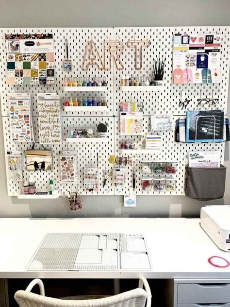 Organising Craft Room, Ikea Pegboard Craft Room, Craft Pegboard Organization, Peg Board Craft Room, Peg Board Ikea, Sewing Pegboard, Craft Peg Board, Art Pegboard, Art Organisation