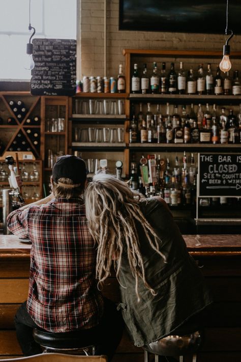 Engagement Session at Coffee Shop/Bar Couple At Bar Photography, Pub Photoshoot Ideas, Engagement Pictures Coffee Shop, Brewery Photoshoot Couple, Distillery Engagement Photos, Dive Bar Engagement Pictures, Bar Portrait Photography, Brewery Wedding Photography, Whiskey Engagement Photos