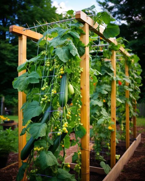 The right way to build a cucumber trellis (step-by-step guide) Raised Garden Bed Tomato Trellis, Trellis Tomato Plants, Cucumber Plants Trellis, Tomato Structure, Raised Bed With Trellis, Vegetable Trellis Ideas, Trellising Cucumbers, Beans Trellis, Melon Trellis