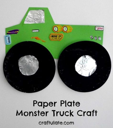 This paper plate monster truck is a fun craft for any child who loves these big-wheeled stunt trucks! Uses paper plates, card, foil, paint and stickers. Monster Truck Art, Truck Crafts, Diy Monsters, Transportation Crafts, Car Craft, Mason Jar Crafts Diy, Paper Plate Crafts, Truck Art, Plate Crafts