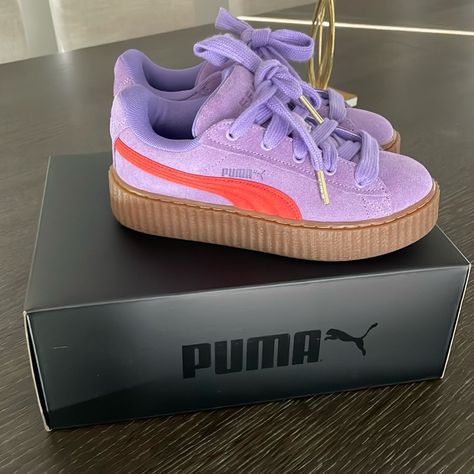 Puma Fenty Creeper Sneakers Purple And Orange For Sale. Brand New. Never Worn. Size 6 And 8.5 Available. Comes With Box. Dust Bag And Extra White Laces. Fenty Shoes, Puma Shoes Women, Maroon Shoes, Sneakers Purple, Puma Fenty, Pretty Shoes Sneakers, Fenty X Puma, Shoes Puma, Purple Sneakers