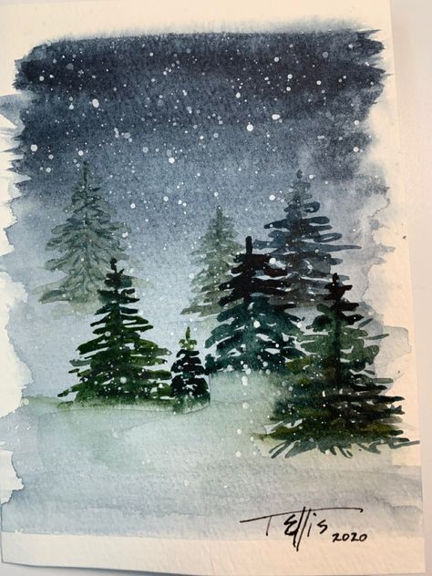 Hand Painted Christmas Cards, Pine Tree Painting, Painted Christmas Cards, Watercolor Calendar, Diy Christmas Paintings, Learn Watercolor Painting, Watercolor Christmas Tree, Winter Landscape Painting, Watercolor Flowers Tutorial