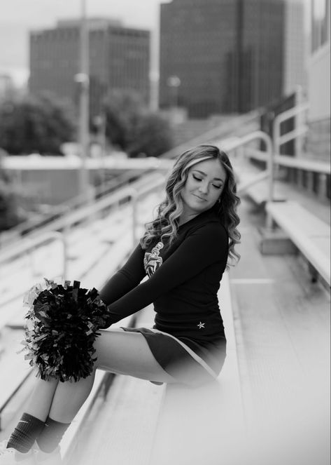 Cheerleader Senior Pictures Unique, Cheerleader Photoshoot Poses, Youth Cheer Pictures, Senior Pictures With Pom Poms, Cheerleader Picture Ideas, Individual Cheer Photo Poses, Cheer Senior Pictures Cheerleading Poses, Unique Cheer Pictures, Cheerleader Senior Picture Ideas