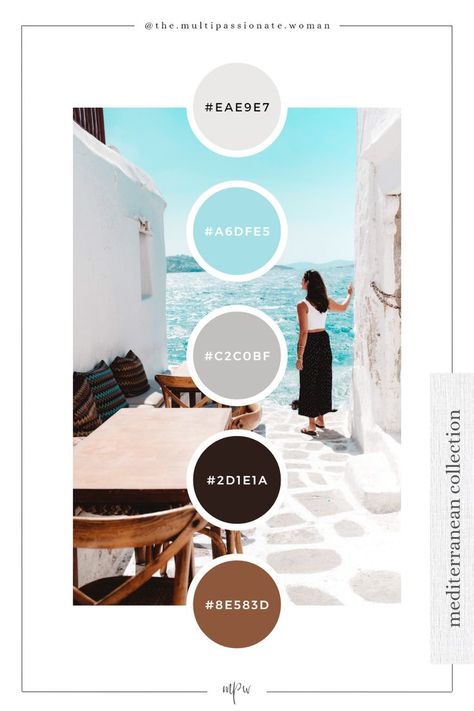 standing woman wearing white sleeveless shirt Greece Color Palette, Brown Colour Palette, Brown Color Palette, Mykonos Greece, Grey Beige, Brown Colour, Multiple Color, Mykonos, Colour Palette