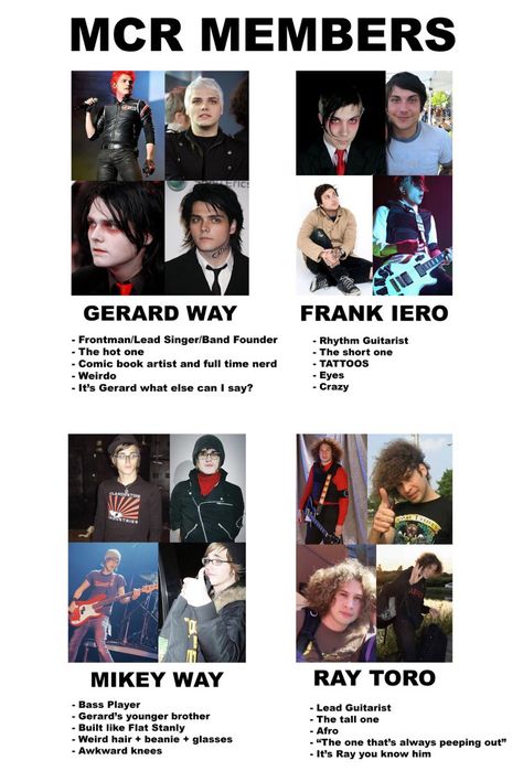 My Chemical Romance Members Band, Mcr Band Members, Mcr Members, My Chemical Romance Members, Punk Fashion Diy, Mcr Memes, Silly Bands, Emo Memes, I Love Mcr