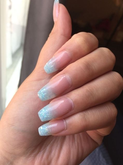 Baby Blue Sparkle Ombré Acrylic Nails #nailsacrylic #nail ideas #naildesign Light Blue Glitter Nails Acrylic, Blue Ombre Sparkle Nails, Light Blue Glitter French Tip Nails, Blue Sparkle Acrylic Nails, Baby Blue Sparkle Nails, Blue Glitter Acrylics, Baby Blue Winter Nails Acrylic, Ombré Blue Nails, Baby Blue Glitter Nails