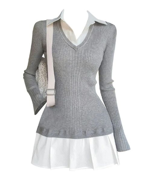 Color: Grey, Size: One Size Gyaru 2000s, Knit Shirts, Preppy Mode, Winter Preppy, Egirl Clothes, Knit Shirt Dress, Preppy Dresses, 2000s Aesthetic, Estilo Preppy