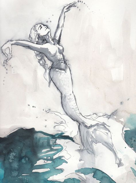 Watercolor Sketch "Mermaid Jump". $39.00, via Etsy. Sketch Mermaid, Drawing Mermaids, Mermaid Artwork, Fantasy Mermaids, Watercolor Mermaid, Mermaid Drawings, Mermaid Tattoos, Mermaid Dreams, Mermaids And Mermen