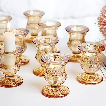 Amazon.com: Letine Gold Candlestick Holders Set of 12-2.5" H Taper Candle Holders Bulk -Gold Glass Candle Holder for Rustic Wedding Centerpieces, Party Supplies : Home & Kitchen Glass Taper Candle Holders, Gold Candlestick Holders, Centerpieces Party, Gold Candle Sticks, Gold Candle Holders, Crystal Candlesticks, Glass Candlestick Holders, Rustic Wedding Centerpieces, Gold Candles