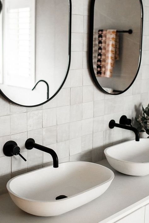 Bathroom vanity with a 'his and hers' layout featuring two above counter basins and oval mirrors. Both basins have matte black wall-mounted tapware by Meir Australia. Black Bathroom Taps, Black Tapware, Matte Black Bathroom Accessories, Matte Black Bathroom, Black Bathroom Accessories, Black Taps, Colour Collection, Bathroom Tapware, Blue Space