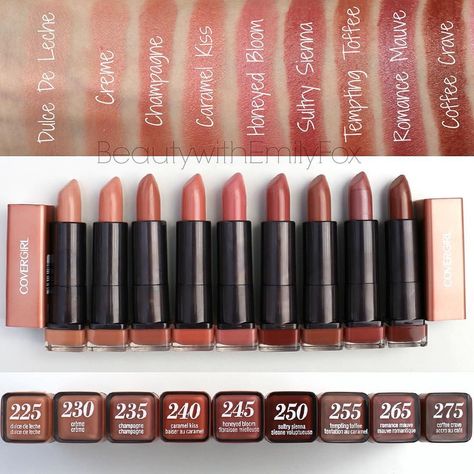 #Swatches of the @Covergirl Colorlicious Lipstick Collection! NUDES (1/4) Giveaway Rules: -Follow me @BeautywithEmilyFox -Regram the post with your favorite color and hashtag your selected shade with the Covergirl handle (example: @Covergirl #SultrySienna) -North America only -Contest winner packages will be distributed by November 13 2015 -Don't forgot to subscribe to my Youtube channel Beauty with Emily Fox There will be 15 winners! ONE participation per person. Choose ONE colour (in total) in Giveaway Rules, Cover Girl Makeup, Lip Swatches, Lipstick Collection, Lipstick Swatches, Makeup To Buy, Spring Makeup, Beauty Products Drugstore, Nude Lipstick