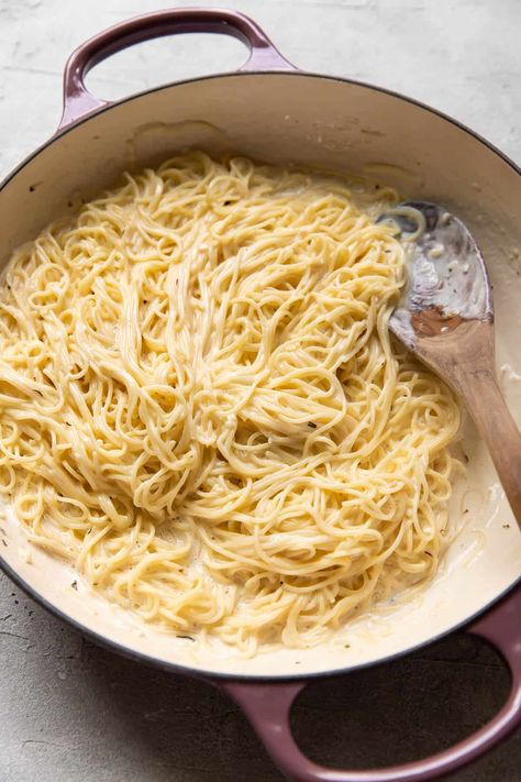 This easy creamy angel hair pasta will become a family side dish favorite! You will love how rich and creamy the pasta is and it takes less than 30 minutes to prepare. Angel Hair Pasta Aesthetic, Creamy Angel Hair Pasta Recipes, Angel Hair Alfredo Pasta, Simple Angel Hair Pasta Recipes, Angel Hair Pasta Recipes Easy, Creamy Angel Hair Pasta, Family Side Dishes, Angel Hair Pasta Recipes, Angled Hair