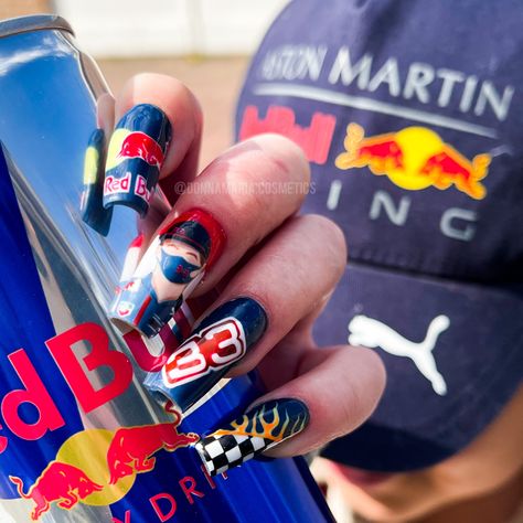 Formula 1 Nail Art / nailart / F1 Formula One Nail Art, F1 Nails Mercedes, F1 Nails Designs Red Bull, Red Bull Nails F1, Formula 1 Nails Designs, Max Verstappen Nails, Red Bull Nails, F1 Inspired Nails, Formula One Nails