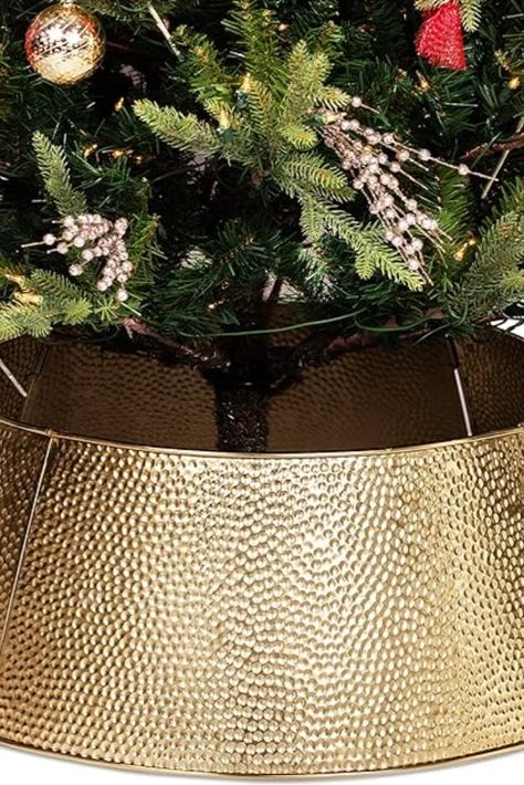 BIRDROCK HOME 4-Panel Christmas Tree Collar - Hammered - Metal Holiday Skirt Decor - Water Base Protection from Pets (Gold - Hammered) Christmas Tree Collar, Holiday Skirt, Tree Collar, Holiday Skirts, Hammered Metal, Tree Skirts, House Ideas, Free Delivery, Christmas Tree