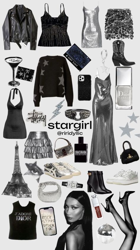 star girl fitspo black silver grey boots clothes martini shirts skirts dresses mini midi maxi stussy Star Themed Outfits, Girls Party Outfits, Stargirl Aesthetic, 00s Mode, Black Skirt Outfits, Silver Outfits, Black And Silver Dress, Star Clothing, Cute Star