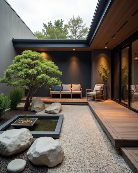 Escape to a serene Japanese oasis in your own backyard! This tranquil courtyard design will transport you to a peaceful zen retreat. https://www.gardenbliss.com/japanese-inspired-courtyard

Discover more inspiring garden design ideas at Garden Bliss! Click here to #homeandgarden #betterhomesandgardens #homegardening #homesandgardens #homegarden #gardenhome #gardeningathome Japandi Yard Design, Desert Zen Garden, Rv Enclosures, Japanese Garden Front Yard, Japanese Zen Garden Backyard, Japandi Backyard, Zen Courtyard, Japanese Courtyard House, Japandi Garden