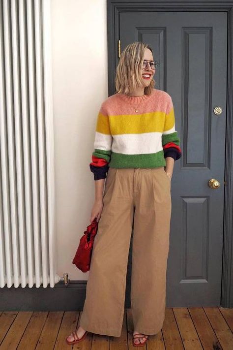 Alexandra Stedman Style, Colorful Comfy Outfits, Alexandra Stedman, Alex Stedman, Playful Outfits, Rainbow Jumper, The Frugality, Bright Outfits, Street Outfits