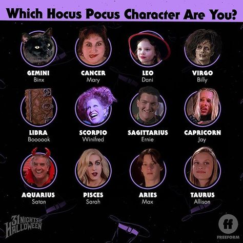 31 Nights Of Halloween on Instagram: “IT'S ALL A BUNCH OF HOCUS POCUS.” Hocus Pocus Characters, Zodiac Signs Colors, 31 Nights Of Halloween, Rapunzel And Eugene, Sagittarius And Capricorn, Leo And Virgo, Performance Artist, Science Fiction Tv, September 1