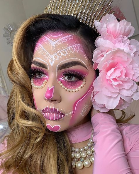 Pink Skull Makeup Halloween, Pink Dia De Los Muertos Makeup Ideas, Pink Day Of The Dead Makeup, Pink Sugar Skull Makeup, Pink Catrina Makeup, Catrinas Neon Makeup, Pink Halloween Makeup Looks, Pink Skeleton Makeup, Halloween Pink Costume