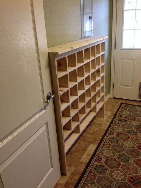 how to build a vintage style mail sorter to organize shoes @Remodelaholic How To Build A Shoe Rack, Shoe Storage In Garage, Garage Shoe Storage Ideas, Garage Shoe Storage, Cabana Ideas, Closet Makeovers, Shoe Cubbies, Organize Shoes, Shoe Organization Diy