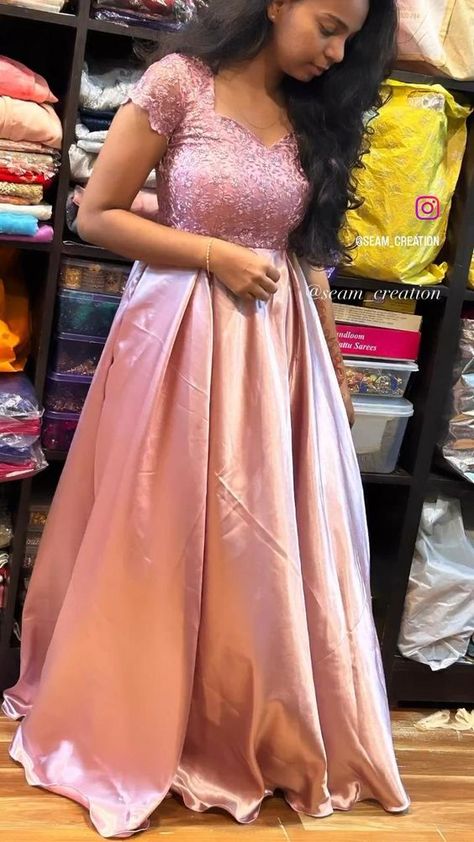 Satin With Net Dress, Heavy Frocks Design, Satin Long Frocks Indian, Designer Pink Dress, Space Silk Long Frock, Goun Pic Design Simple, Satin Frock Design, Simple Maxi Dress Casual, Satin Gown Designs Indian