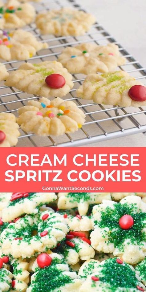 Cream Cheese Spritz Cookie Recipe, Cream Cheese Spritz, Cream Cheese Spritz Cookies, Cookie Press Recipes, Spritz Cookie Recipe, Christmas Cookie Recipes Holiday, Easy Christmas Cookie Recipes, Spritz Cookies, Easy Cream