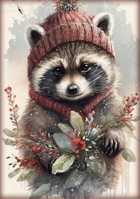 Novogodisnje Dekoracije, Raccoon Painting, Christmas Raccoon, Shell Animals, Raccoon Art, Wallpaper Christmas, Christmas Forest, Felt Pictures, Craft Images