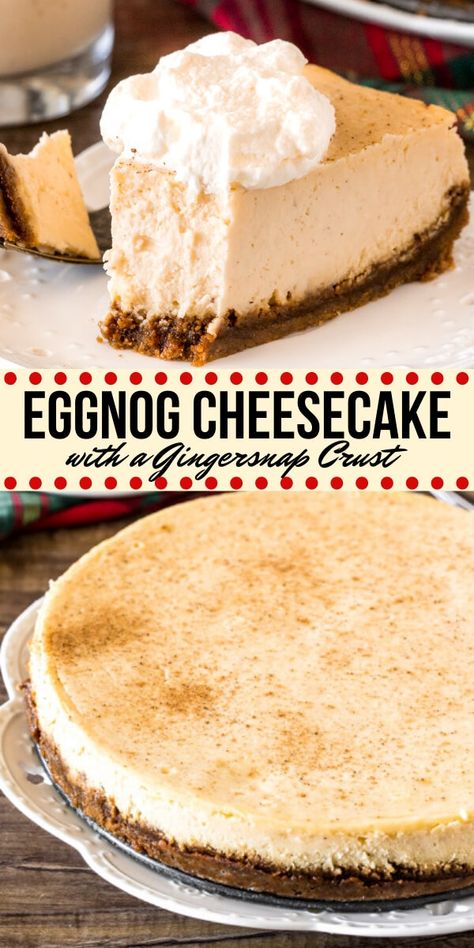 Eggnog Cheesecake With Gingerbread Crust, Egg Nog Tres Leches Cake, Eggnog Cheesecake No Bake, Eggnog Cheesecake With Gingersnap Crust, Egg Nog Cheesecake Recipe, Gingerbread Crust, Christmas Dinner Parties, Cheesecake Christmas, Eggnog Cheesecake Recipe