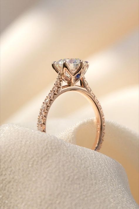 1 point 3 carat round diamond on a 14 k rose gold French pave tulip 6 prong cathedral peek a boo  blue sapphire ring Cathedral Ring Setting, Cathedral Ring, Pretty Engagement Rings, Classic Rings, Cathedral Engagement Rings, Prong Engagement Rings, Cute Engagement Rings, Wedding Rings Round, Future Engagement Rings