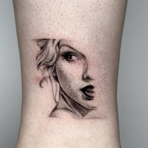 Micro realism women portrait tattoo by ikarus.abendwind from Melbourne Realistic Dotwork Tattoo, Woman Realism Tattoo, Micro Portrait Tattoo, Mini Portrait Tattoo, Illustrative Realism Tattoo, Simple Portrait Tattoo, Small Realism Tattoo Ideas, Small Portrait Tattoo, Mini Realistic Tattoo