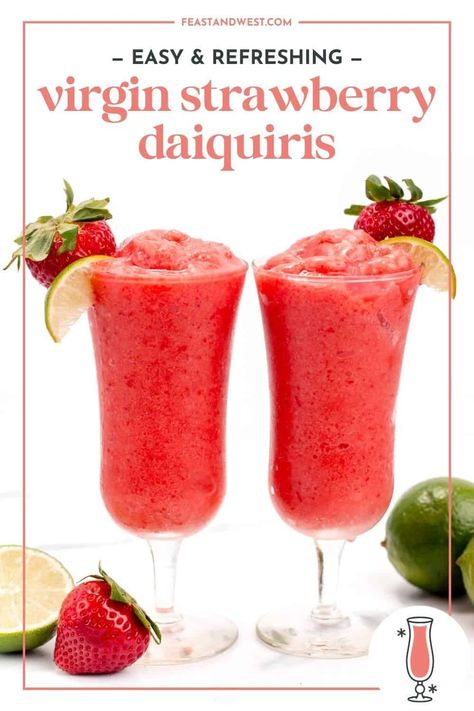 Make sweet Virgin Strawberry Daiquiris from the comfort of your own kitchen! These delightful mocktails are easy to make in the blender with just a few ingredients. https://feastandwest.com/2024/02/29/virgin-strawberry-daiquiri/ Virgin Strawberry Daquiri Recipe, Virgin Strawberry Daiquiri, Frozen Strawberry Recipes, Cocktails Made With Rum, Strawberry Daiquiri Recipe, Summer Entertaining Recipes, Frozen Strawberry Daiquiri, Strawberry Huller, Virgin Cocktails