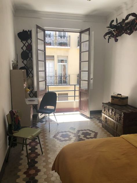 Barcelona Flat, Spanish Apartment, Tile Bedroom, 2023 Bedroom, Lisbon Apartment, Spanish Interior, Apartment 2023, Madrid Apartment, Mustard Walls