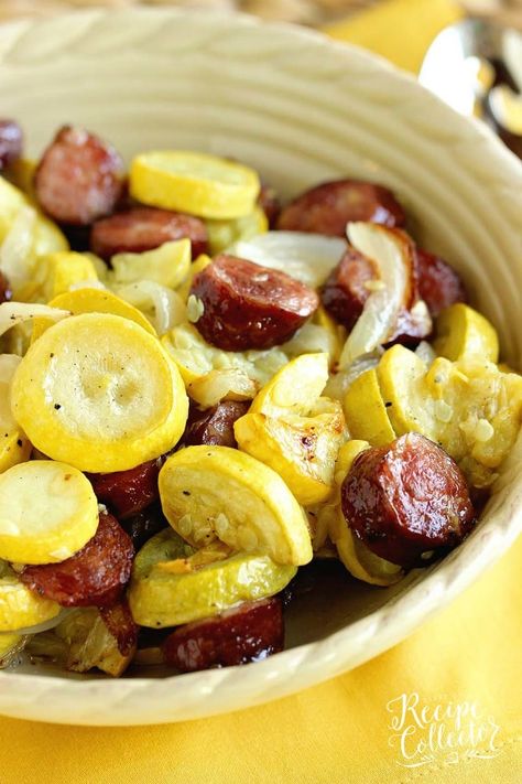 Sheet Pan Roasted Sausage and Squash - A quick and easy recipe with only a few ingredients.  It's perfect as a main dish or a side dish recipe. Summer Squash And Sausage Recipes, Yellow Squash And Sausage Recipes, Sausage Squash Zucchini Dinners, Roasted Squash And Potatoes, Smoked Sausage And Squash Recipes, Summer Sausage Meal Ideas, Sausage And Squash Recipes, Recipes With Squash, Sausage And Squash