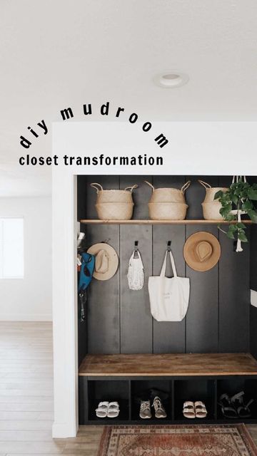 Deep Mudroom Closet, Closet Turned Entry Nook, Closet Turned Drop Zone, Turn Closet Into Mudroom, Closet Into Mudroom Entry Ways, Closet Turned Into Mudroom, Closet Mudroom Entryway, Entry Way Closet Makeover, Mud Closet