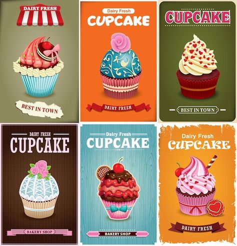 Cupcake Poster Design, Cupcake Poster, Vintage Food Labels, Restaurant Card, Happy Birthday Illustration, Vintage Cupcake, Cupcake Pictures, Cake Vector, Big Wedding Cakes