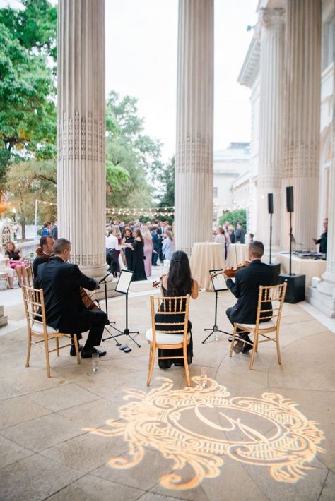 DC wedding: DAR portico with a custom crest lighting gobo Dc Wedding Venues, Wedding Marketing, Wedding Costs, Washington Dc Wedding, Dc Wedding, Ceremony Backdrop, Dc Weddings, Wedding Advice, Budget Wedding