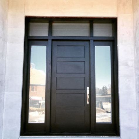 Craftsman Front Door With Sidelights, Door With Sidelights And Transom, Black Front Door With Sidelights, Craftsman Front Door, Front Door With Sidelights, Mahogany Door, Craftsman Front Doors, Door With Sidelights, Black Exterior Doors