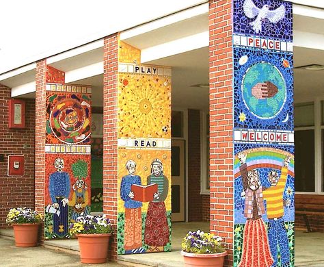 welcome mosaic at the entrance of a school School Mosaic Mural, Wayland Massachusetts, Mural Outdoor, Colored Grout, Outdoor Mosaic, Mosaic Mural, Brick Columns, Legacy Projects, Mirror Handmade