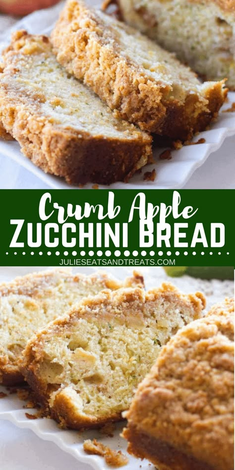 Crumb Apple Zucchini Bread ~ Easy, Quick Bread Recipe Filled with Fresh Grated Zucchini and Sweet Apples then Topped with a Delicious Cinnamon Brown Sugar Crumb Topping! #bread #easyrecipe #zucchini #apple #zucchinibread #recipe #breadrecipe Visit julieseatsandtreats.com for more easy, family, friendly recipes and stress-free dinner time! @julieseats Bread Easy Quick, Zucchini Bread Easy, Apple Zucchini Bread, Apple Zucchini, Easy Quick Bread, Zucchini Recipes Dessert, Recipes Zucchini, Keto Bread Recipe, Quick Bread Recipes Easy