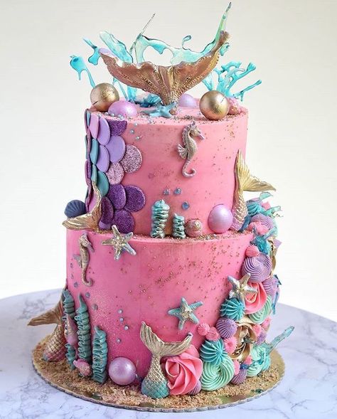 2 Tier Mermaid Cake, Cakes Videos, Banana Cupcake, Ocean Cake, Sweet Bakes, Ocean Cakes, Mermaid Birthday Cakes, Pinterest Cake, Girly Cakes