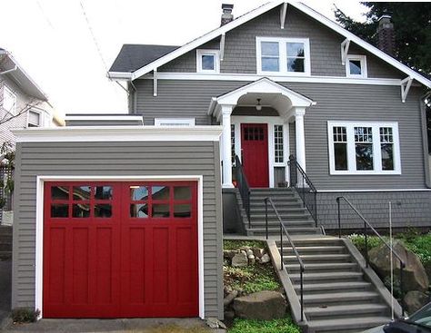 Red Garage Door, Red Garage, Red Door House, Carriage House Doors, Red Doors, Garage Door Styles, Red Front Door, House Paint Color Combination, Gray House