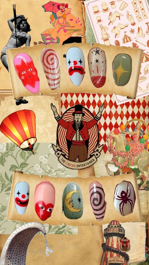 Circus themed nails 🎪 #nailart #nails #nailsinspo #nailinspo Clown Nails Aesthetic, Clown Design Nails, Circus Themed Nails, Clown Themed Nails, Jester Nails, Clown Almond Nails, Clown Nails Acrylic, Circus Nails Designs, Clown Nails Designs