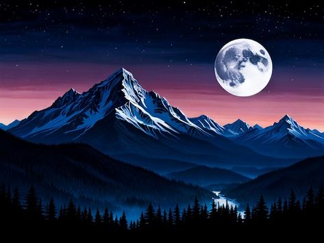 Night Mountain Painting, Dark Mountains, Mountain Drawing, Mountain Painting, Mountain Paintings, Night Time, Full Moon, Painting Inspiration, At Night