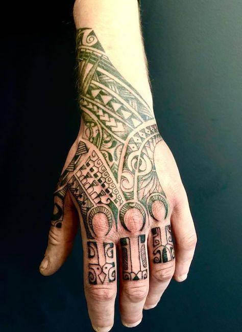 Polynesian Tribal hand tattoo Polynesian Finger Tattoo, Maori Hand Tattoo For Men, Hawaiian Hand Tattoo, Forearm To Hand Tattoos Men, Maori Tattoo Hand, Samoan Hand Tattoo, Maori Hand Tattoo, Polynesian Hand Tattoo, Hand Tattoos Ideas