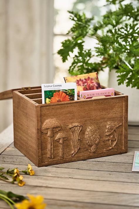 Mushroom Seed Storage Box | AnthroLiving Mushroom Seeds, Bunny Dishes, Herb Storage, Mushroom Grow Kit, Seed Storage, Seed Box, Planting Tools, Seed Collection, Outdoor Living Furniture