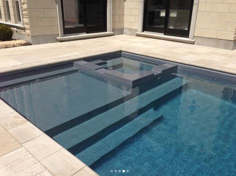 Pool With Built In Spa, Marquis Pool Finish, Lap Pool With Jacuzzi, Rectangular Pool With Baja Shelf, Pool With Jacuzzi Rectangular, Grey Pool, Hydrotherapy Pool, Kleiner Pool Design, Moderne Pools